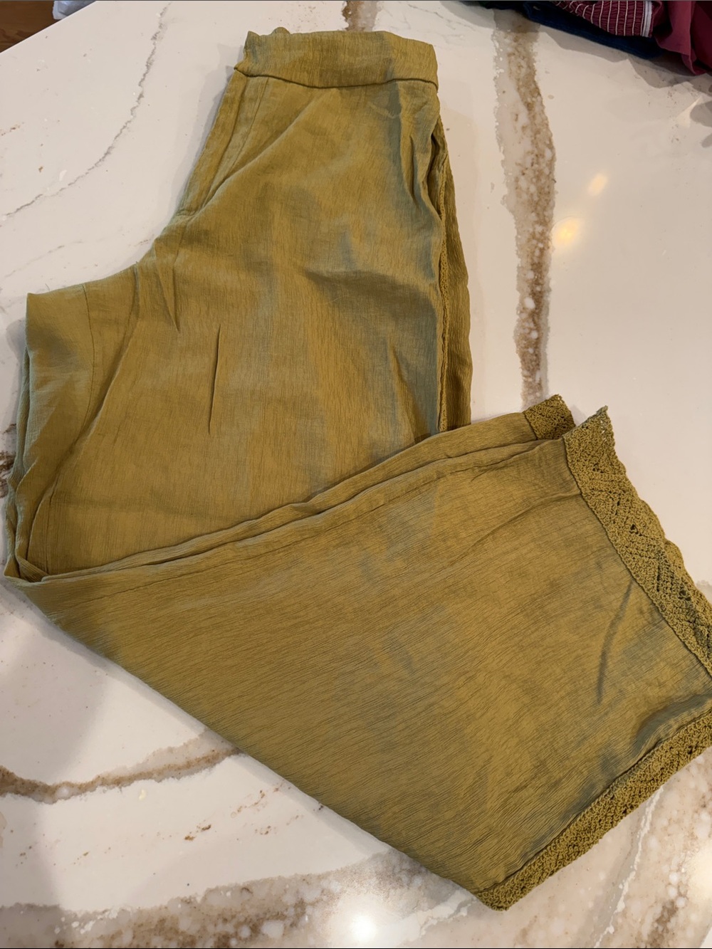 Caroline Constas Olive Green Straight-Leg Pants with Crochet Trim